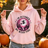 In October We Wear Pink Print Hoodie Halloween Witch Graphic Pullover Pink Ribbon Survivor Support Long Sleeve Blouse Hoodies