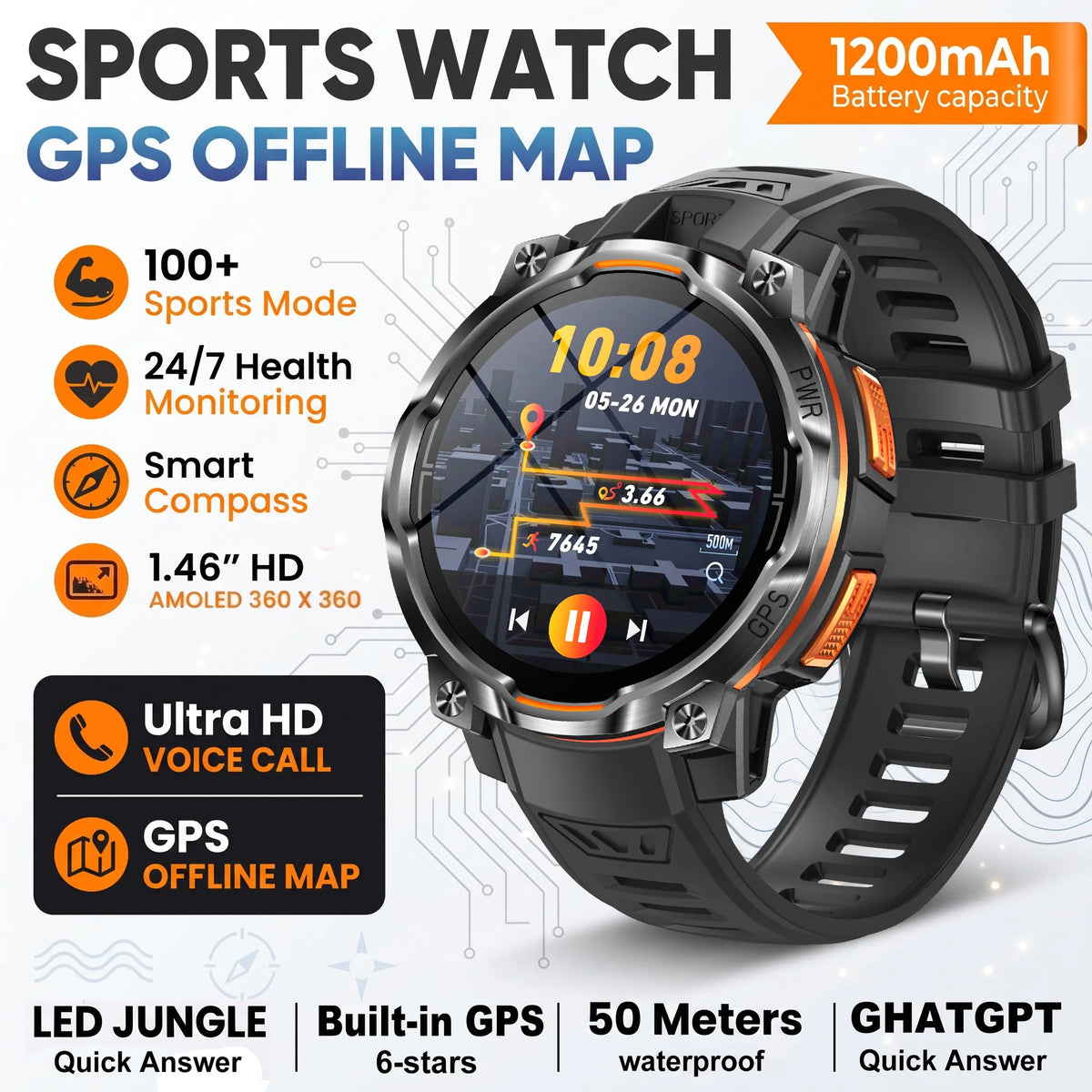 New Technology 2026 Offline Map GPS Smart Watch Men 1200mAh Battery Waterproof Compass Altimeter 100+Sports Military Smart Watch