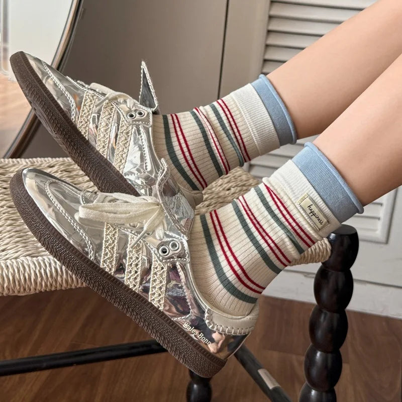 5 Pairs Women's Socks Pack High-quality Pile Socks For Girl Korean Striped Simple Fashionable Versatile Sweet Middle Tube Socks