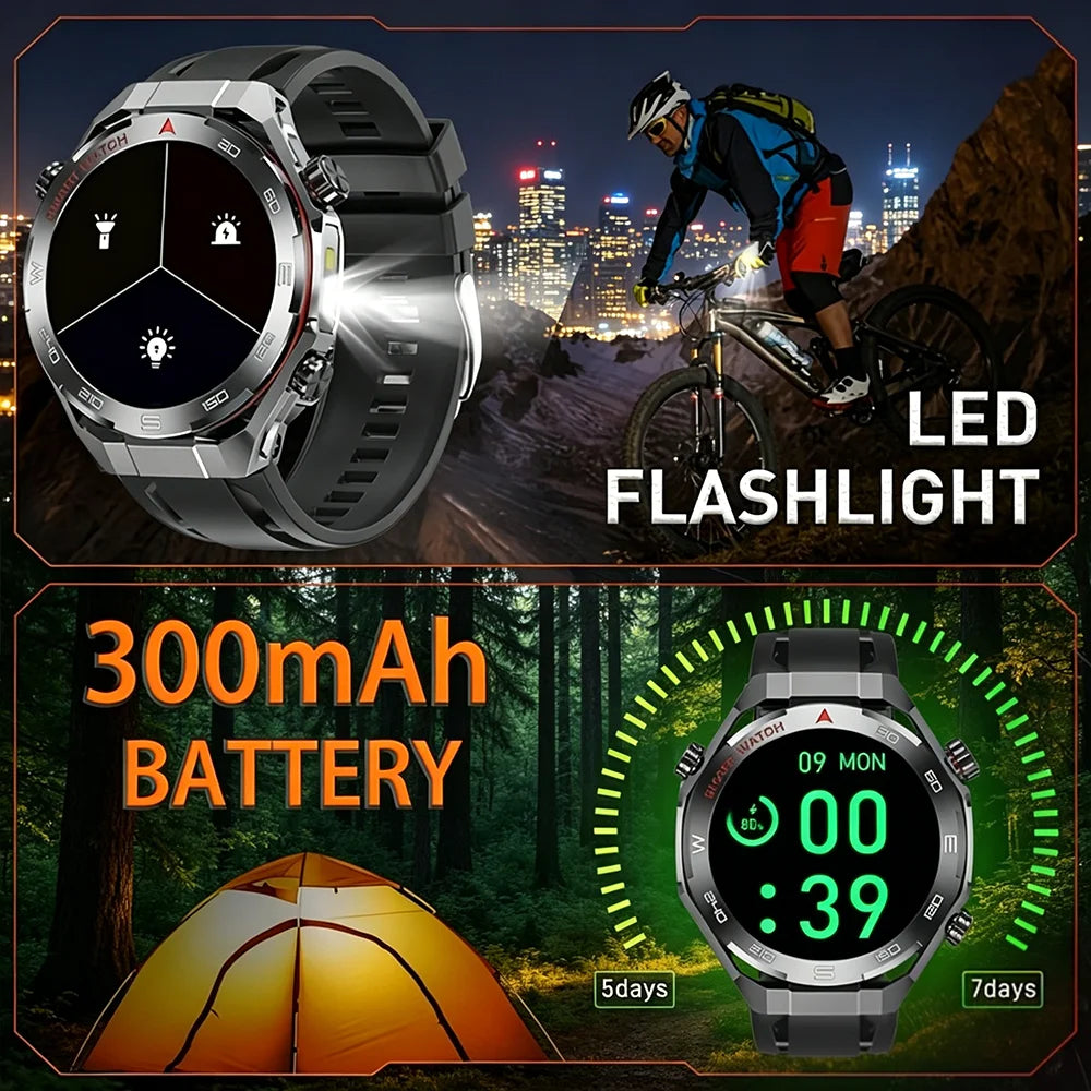 2026 New GPS Sports Smartwatch 300mAh Large Battery LED Flashlight Compass Barometer Military Grade Men's Smartwatch Gift