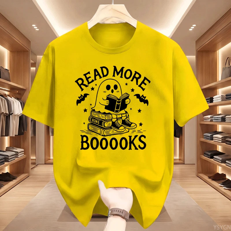 Read More Booooooks Ghost Book Lover T‑Shirt Cute Ghost Reading Book Stack Bat Star Spooky Halloween Bookworm Pun Quote Tops Tee