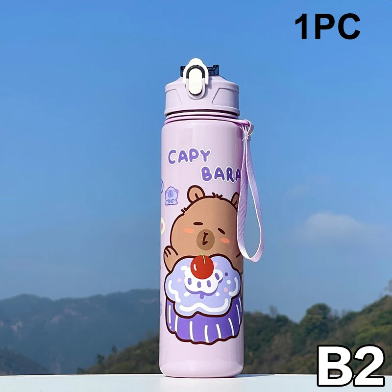 800ML Kids Water Sippy Cup Capybara Cartoon Cup with Straws Leakproof Water Bottle Outdoor Portable Children's Plastic Water Cup