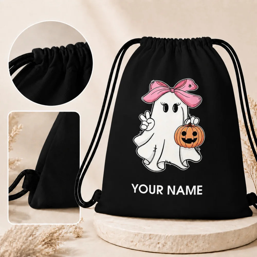 Personalized Name Halloween Ghost Drawstring Bag Bow Pumpkin Kids Trick Or Treat Sack Backpack 34x41cm