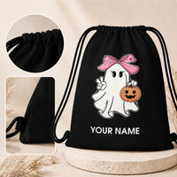 Personalized Name Halloween Ghost Drawstring Bag Bow Pumpkin Kids Trick Or Treat Sack Backpack 34x41cm