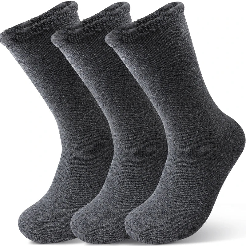 3Pairs Men's Fleece Lined Thermal Crew Socks Winter Plush Mid-Calf for Snow & Indoor Dark Solid Comfort Terry Socks Daily Wear