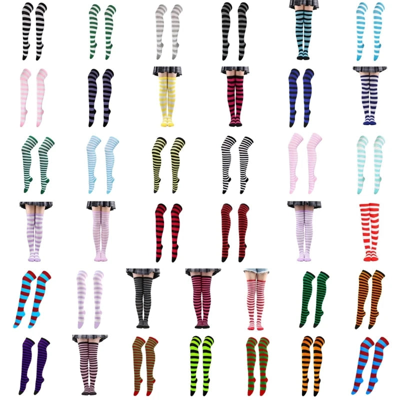 Thigh High Socks Japanese Cosplay Anime Multicolor Striped Printed Over Knee Long Stockings for Women Leg Warmer