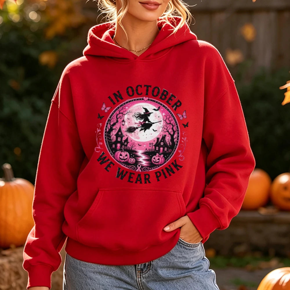 In October We Wear Pink Print Hoodie Halloween Witch Graphic Pullover Pink Ribbon Survivor Support Long Sleeve Blouse Hoodies