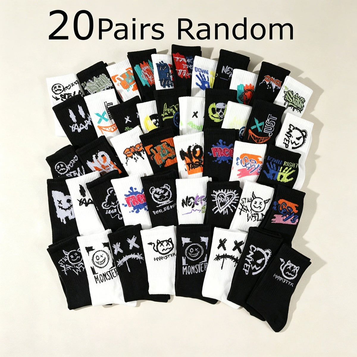 5/10/20 Double Random Graffiti Printed Men's and Women's Sports Socks Fun Cool Hip Hop Street Style Multi Color Letter Socks