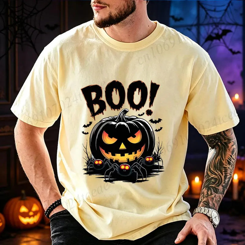 Men Halloween Boo Pumpkin Print T‑Shirt O‑Neck Casual Tee Spooky Spider Bat Graphic Tops Holiday Party Streetwear Men Clothing