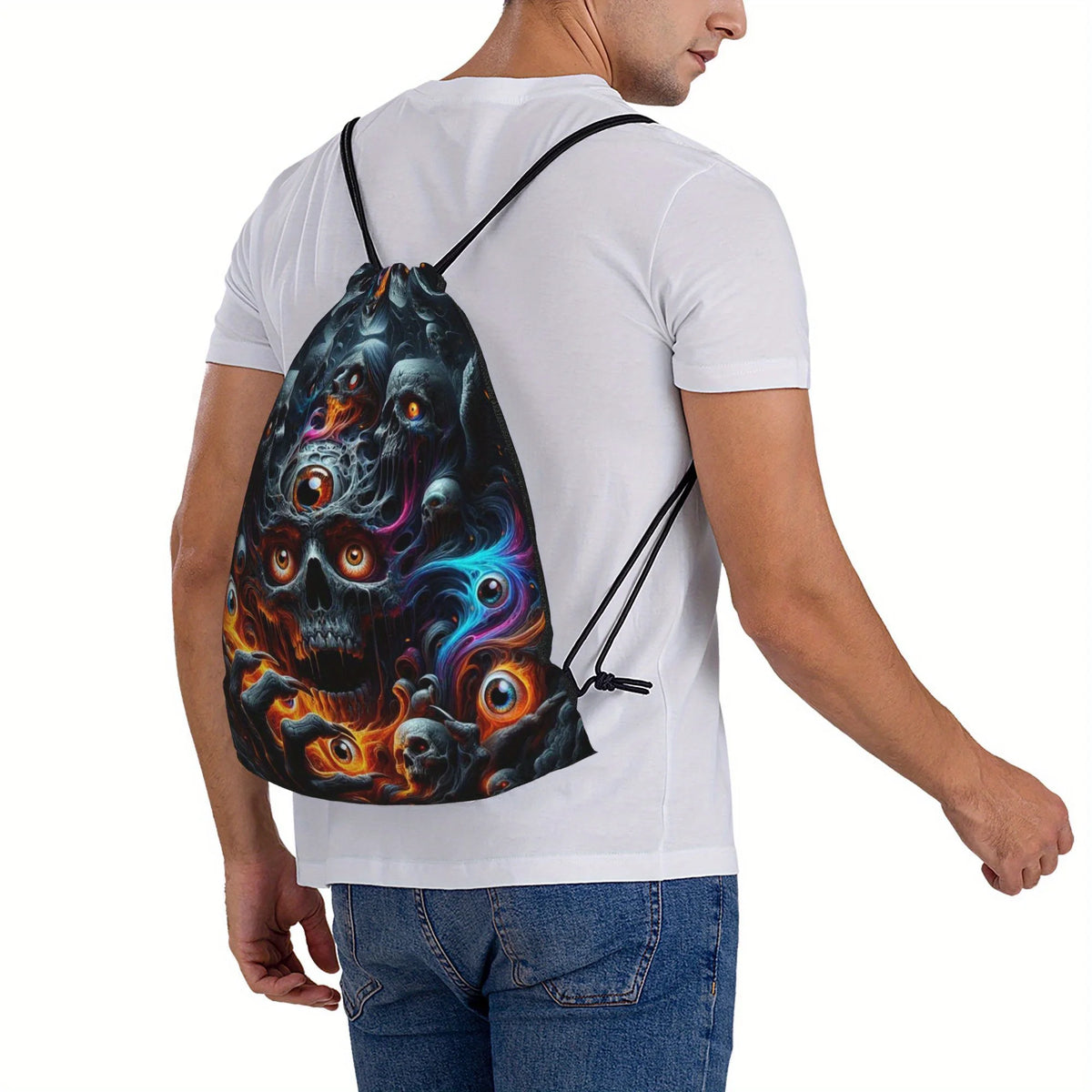 Flame Skull Print Drawstring Storage Bag, Lightweight & Durable, Universal Drawstring Backpack for Outdoor Activities