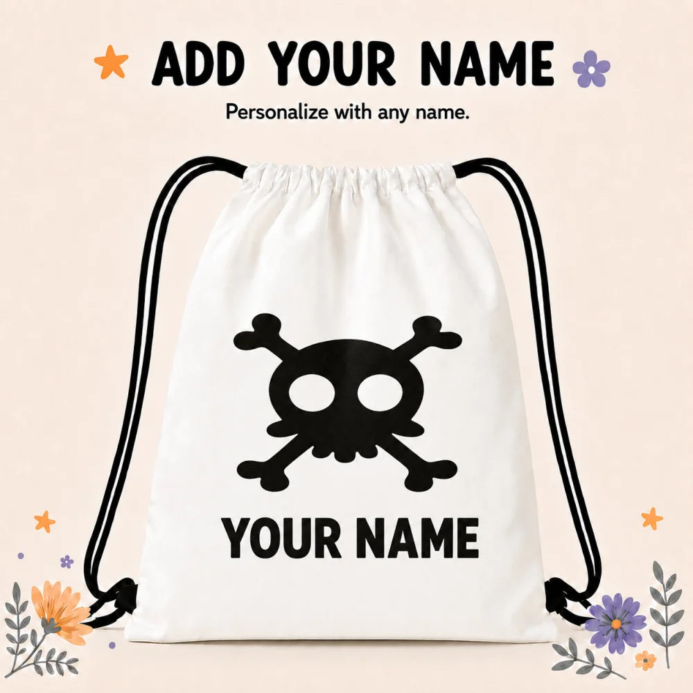 Personalized Skull Crossbones Drawstring Backpack Custom Name Kids Halloween Candy Bag Halloween Party Storage Gift Bag