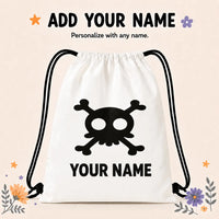 Personalized Skull Crossbones Drawstring Backpack Custom Name Kids Halloween Candy Bag Halloween Party Storage Gift Bag