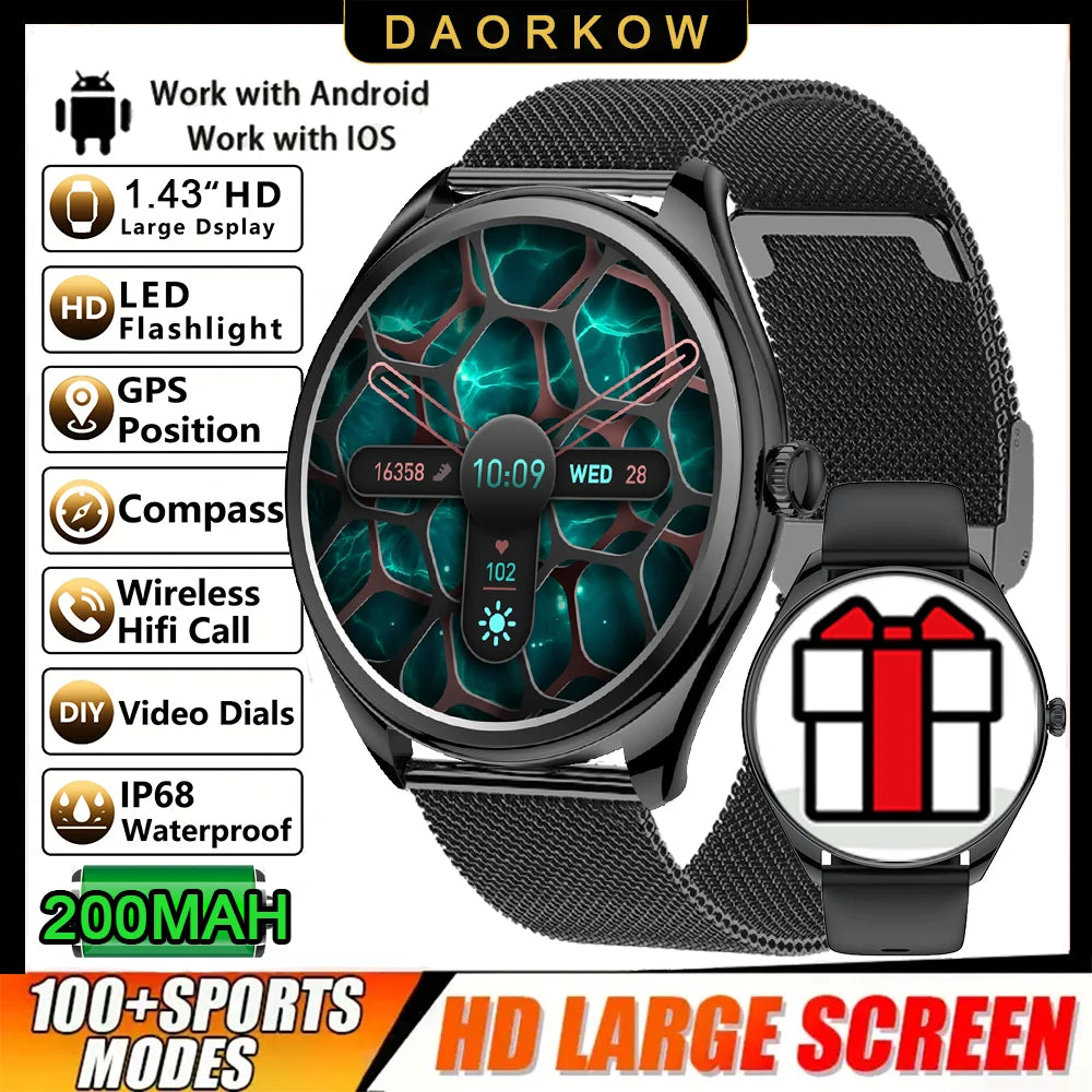 DAORKOW 2026 New 1.43-Inch AMOLED 466*466 Screen Men and Women Bluetooth Call Sports Fitness Ultra-Thin Waterproof Smart Watch