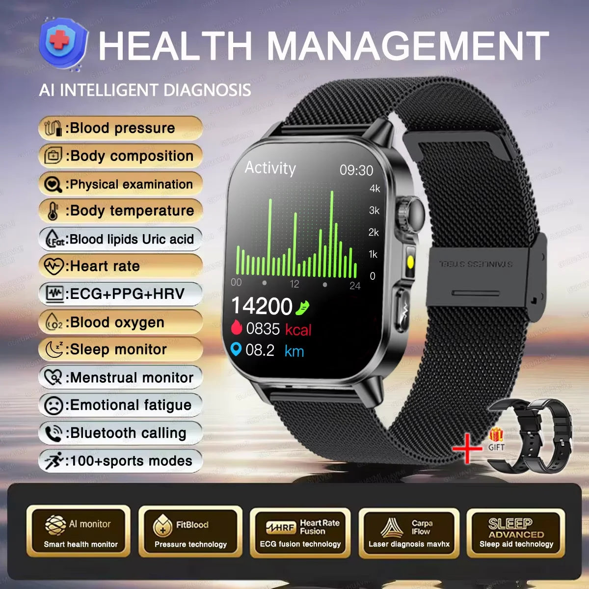 2026 Original Women Health Accurate Diagnosis Smart Watch ECG+HRV BP Blood Oxygen Uric Acid Heart Rate Bluetooth Call Smartwatch