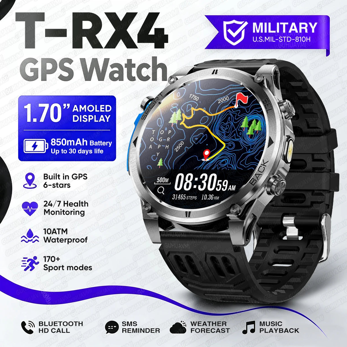 2026New Military T-RX4 Built in GPS Outdoor Smart Watch 10ATM Waterproof Compass  850mAh Battery 1.7”AMOLED Sports Fitness Clock
