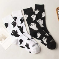 4 Pairs Ladies Autumn Winter Mid-Calf Socks, Cute Cartoon Black & White Ghost Print Halloween Themed Socks For Women
