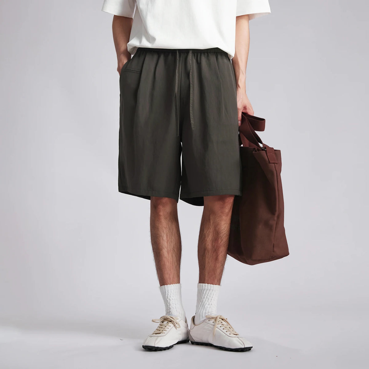 Men's Lyocell Cotton Shorts 2026 Summer Solid Color Drawstring Elastic Waist Wide Leg Five Points Sports Casual Pants