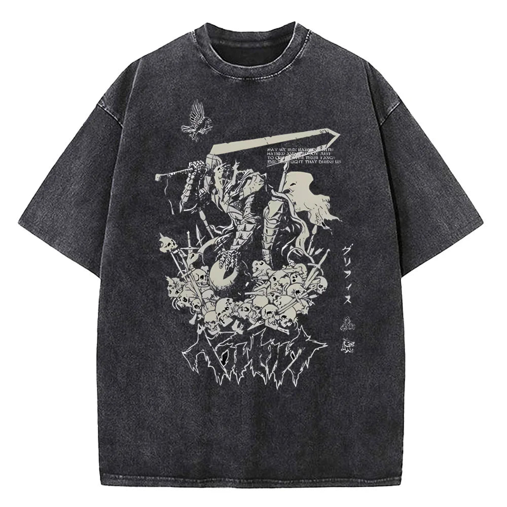 Berserk Print T Shirt Men Vintage Washed T-Shirt Anime Guts Graphic Tshirt Hip hop Streetwear Tees Casual Berserk Clothes
