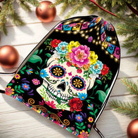 Drawstring Backpack Unique Skull Flower Pattern Lightweight Portable Storage Bag for Halloween Festival Party Travel Daily Use