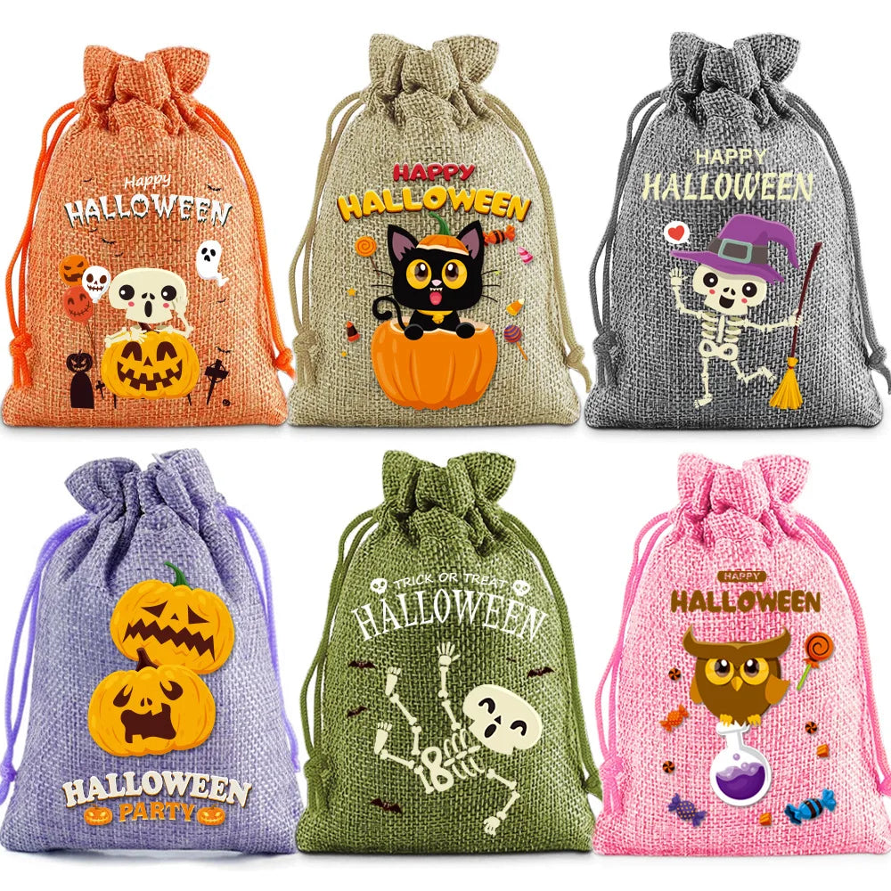Halloween Burlap Drawstring Bag Linen Drawstring Organizer Gift Bag Trick Or Treat Candy Bag For Halloween Birthday Party Kids