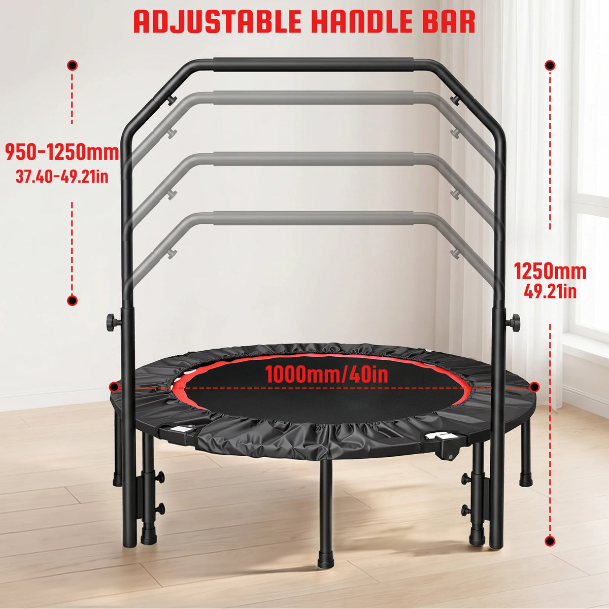 40-Inch Folding Rebounder Trampoline Fitness with Handlebar 716 lbs Weight Capacity Tool Free Assembly for Adults & Kids – Indoor & Outdoor Cardio Fat Burning & Body Shaping