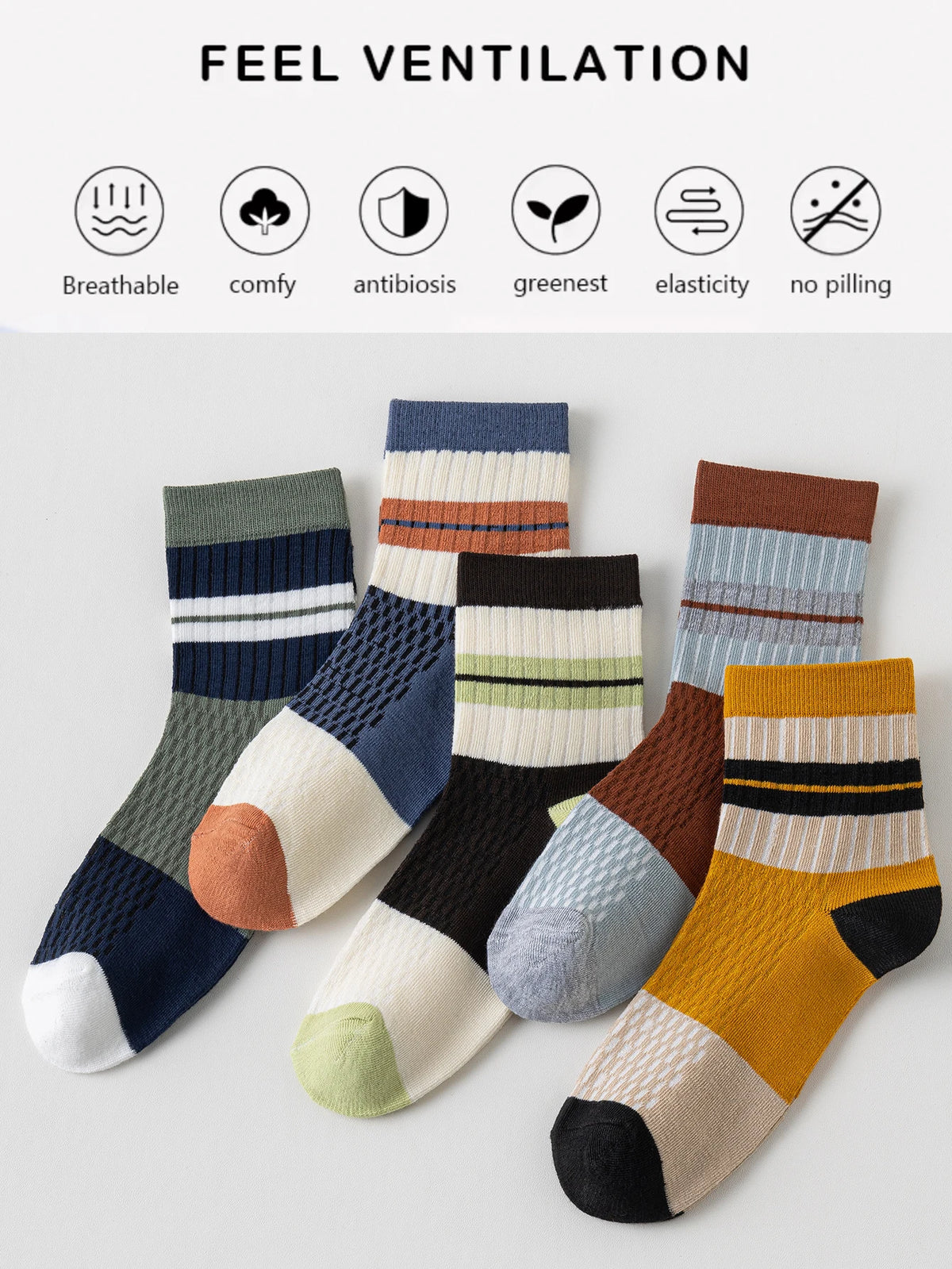 5 Pairs Men's Fashion Casual Striped Cotton Socks Anti-Odor Absorbent Mid-Calf Spring/Summer Regular Thickness Student Socks