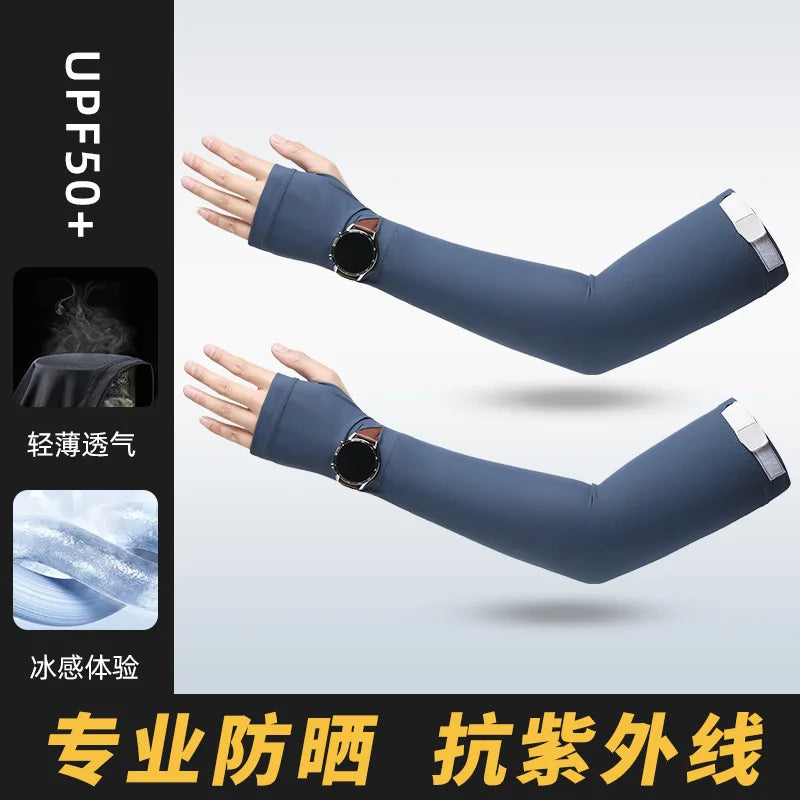 1Pair UPF50+ Cooling Arm Sleeves Breathable UV Protection Fingerless Outdoor Cycling Driving Sun Shield Moisture-absorbing Men