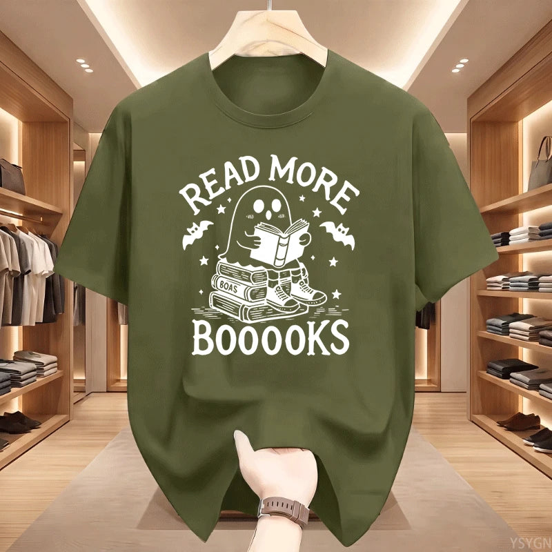 Read More Booooooks Ghost Book Lover T‑Shirt Cute Ghost Reading Book Stack Bat Star Spooky Halloween Bookworm Pun Quote Tops Tee