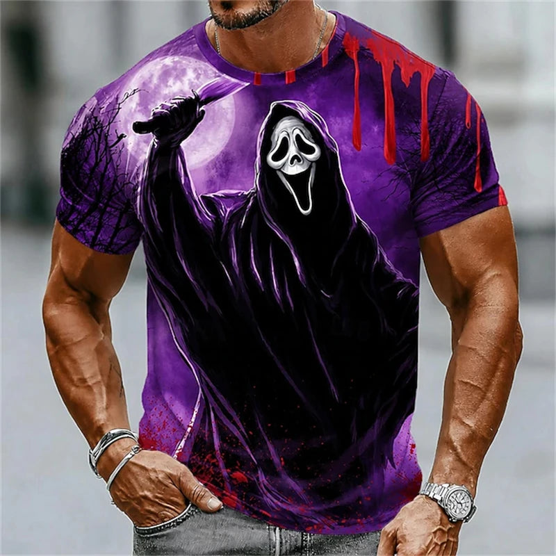 New Men's Halloween Crew-Neck Short-Sleeve T-Shirt Soldier Skull Blood Splatter Print Casual Streetwear Holiday Party Top