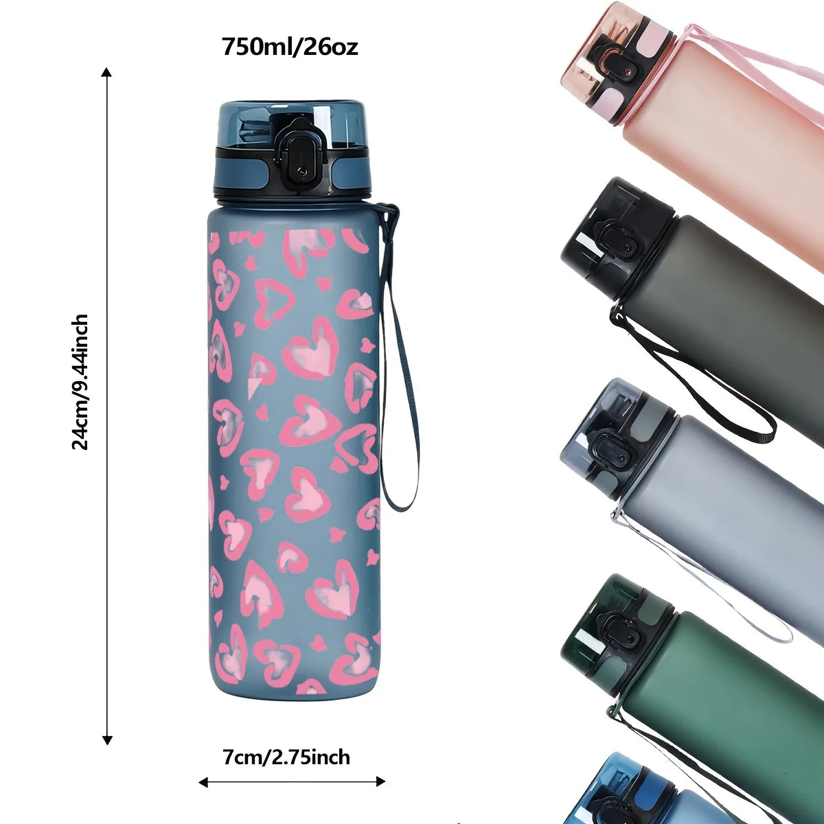 1Pc 750ml Heart Print Water Bottle, Leakproof Flip Top Sports Bottle with Lanyard, Portable Travel Gym Drinking Cup for Women Gi
