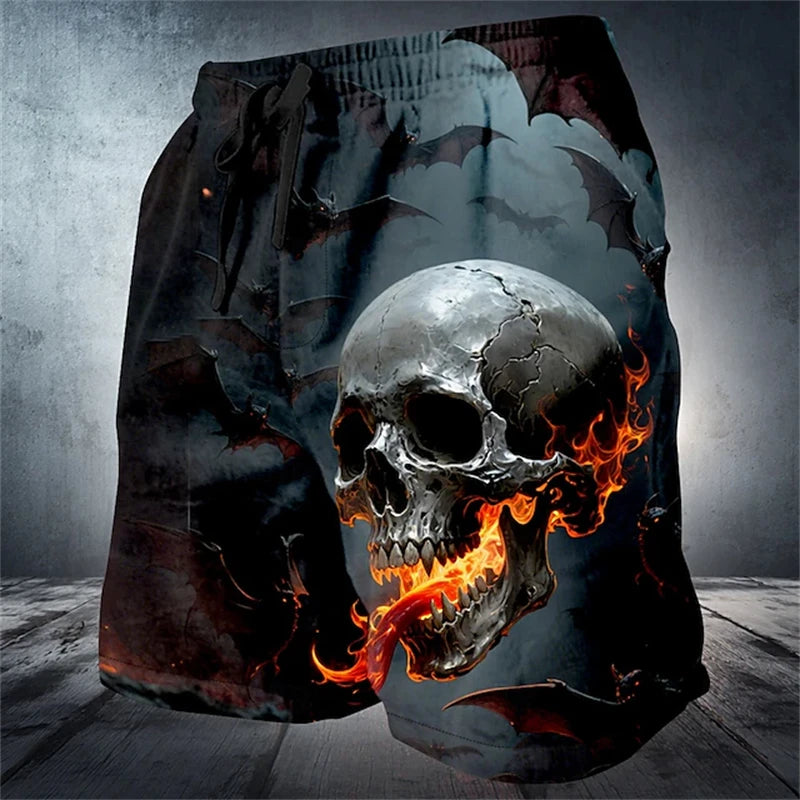 Trendy Halloween Men's Shorts Fashionable 3D Skull Print Drawstring Shorts Relaxed Street Style Oversized Comfort Shorts