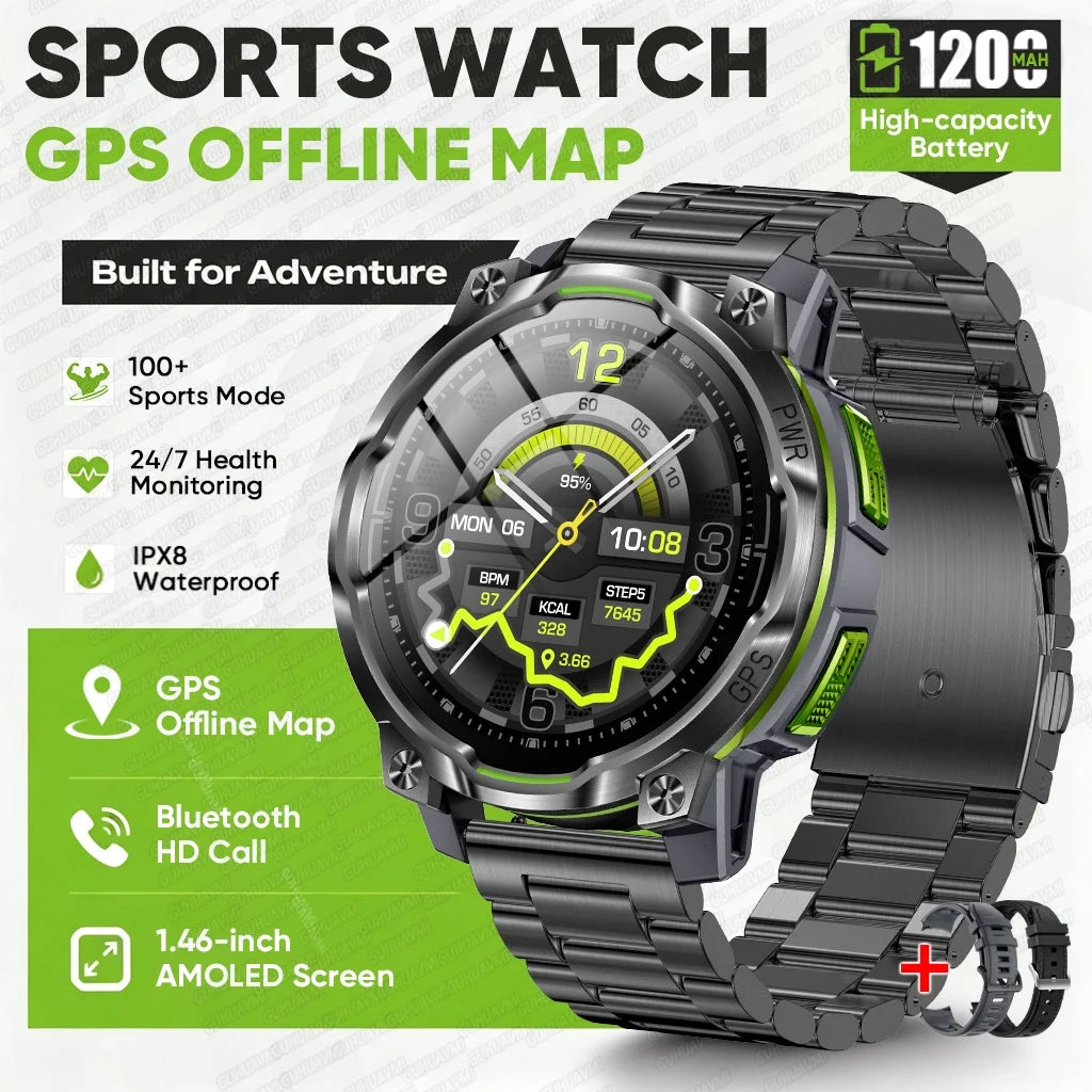 2026 New GPS Offline Map Smart Watch Men 1200mAh Battery IPX8 Waterproof Compass Altimeter  Flashlight Bluetooth Call Smartwatch