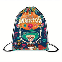 Drawstring Backpack Unique Skull Flower Pattern Lightweight Portable Storage Bag for Halloween Festival Party Travel Daily Use