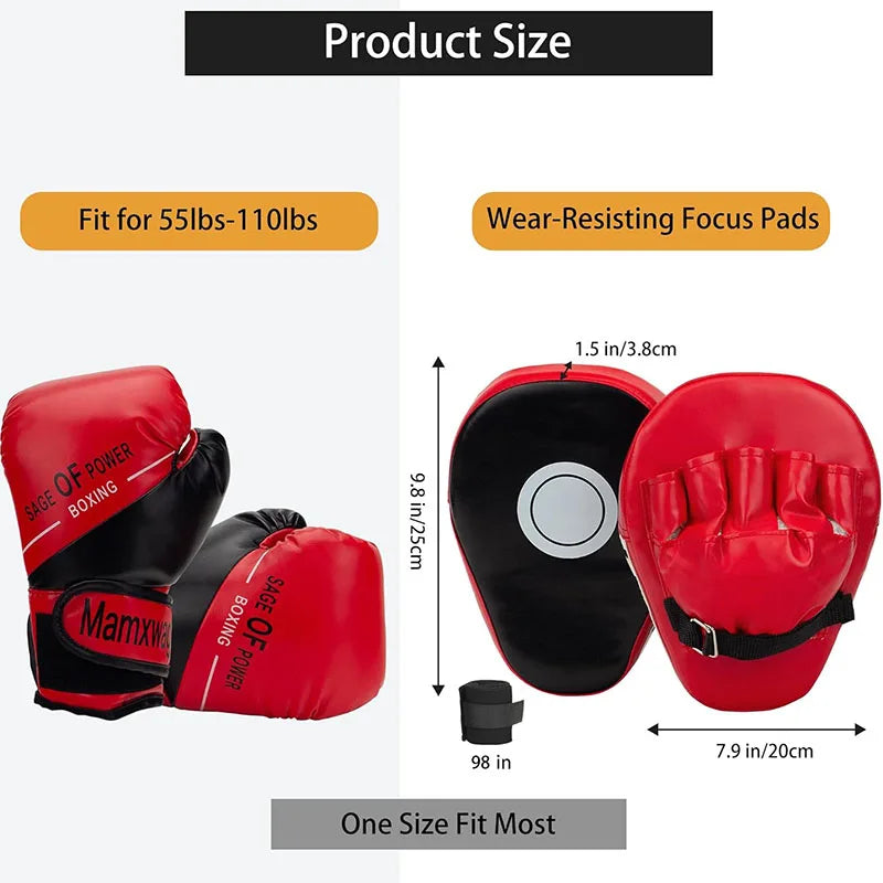 3-in-1 Boxing Gloves and Punching Mitts Set for Kids Boxing Mitts Focus Pads with Hand Wraps Kids Boxing Equipment Set For MMA