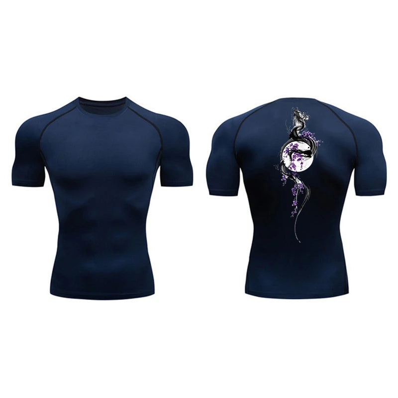 Yin Yang Sword Print Short Sleeve Compression Shirts for Men Summer Athletic Quick Dry T-shirts Gym Workout Running Tees Tops