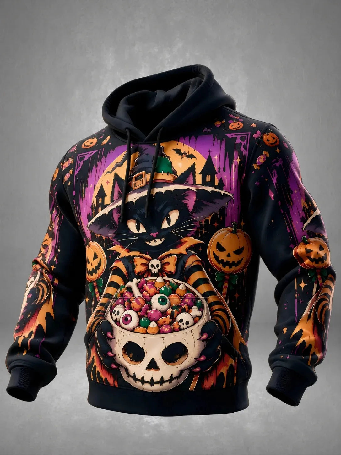 Unisex 3D Print Halloween Hoodie Witch Black Cat Pumpkin Candy Skull Bowl Pullover Long Sleeve Kangaroo Pocket Sweatshirt