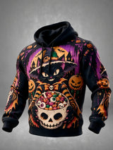 Unisex 3D Print Halloween Hoodie Witch Black Cat Pumpkin Candy Skull Bowl Pullover Long Sleeve Kangaroo Pocket Sweatshirt