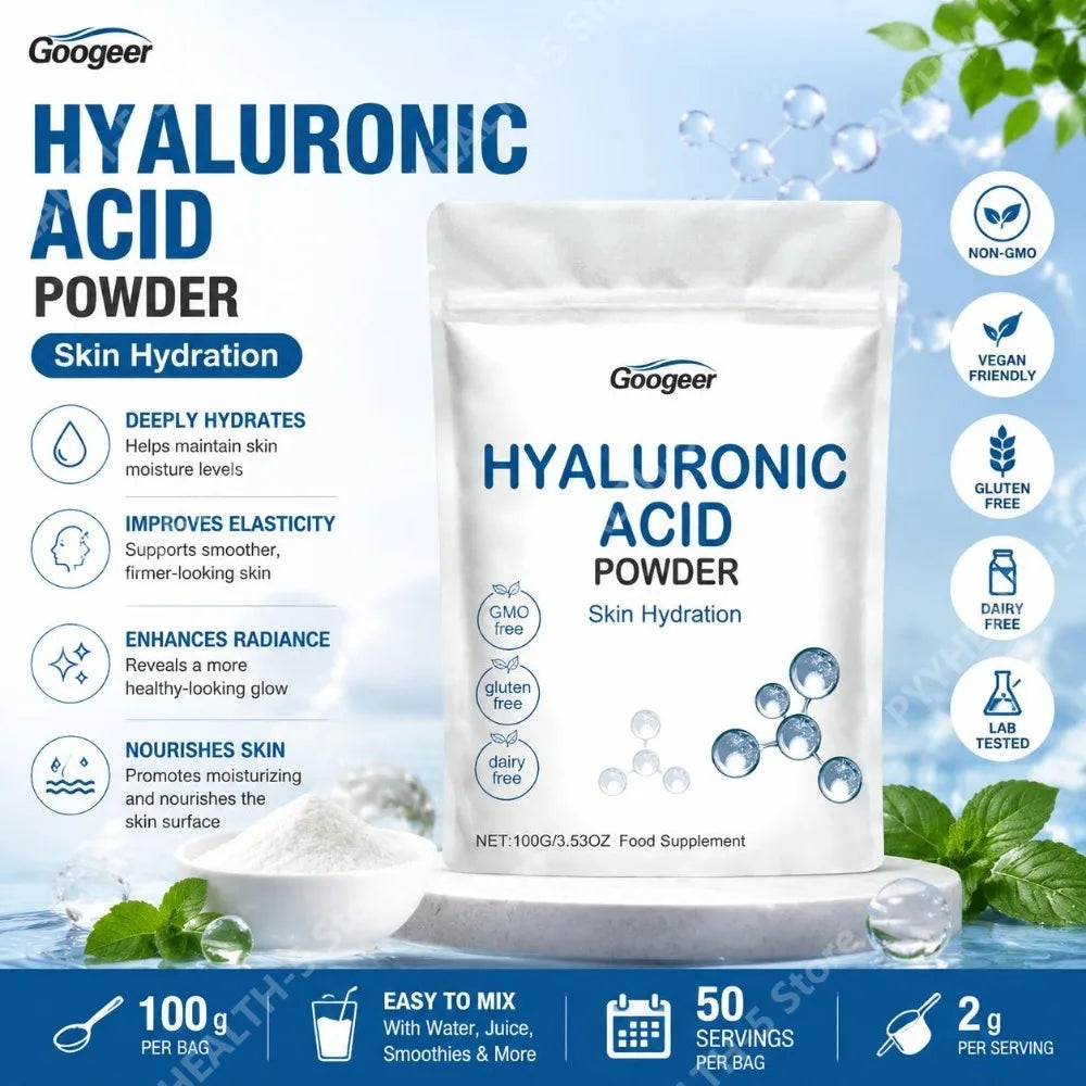 Googeer Hyaluronic Acid Powder for Skin Hydration and Deep Moisturizing, GMO Free Gluten Free Daily Beauty Wellness Support 100g