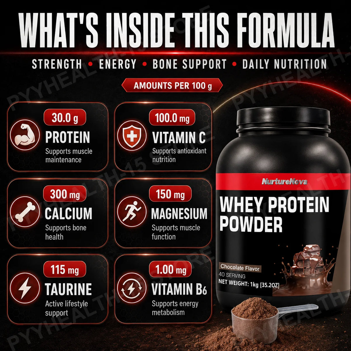 NurtureNova Chocolate Whey Protein Powder with Vitamins Minerals Taurine for Muscle Maintenance Recovery Support 1kg 40 Servings