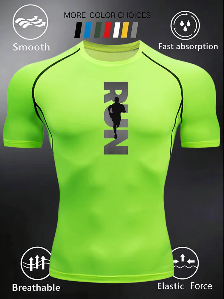 Men's and Women's Matching Short Sleeve T-Shirt with Pressed Design Printed RUN Pattern Fitness Top Suitable for Running - J34
