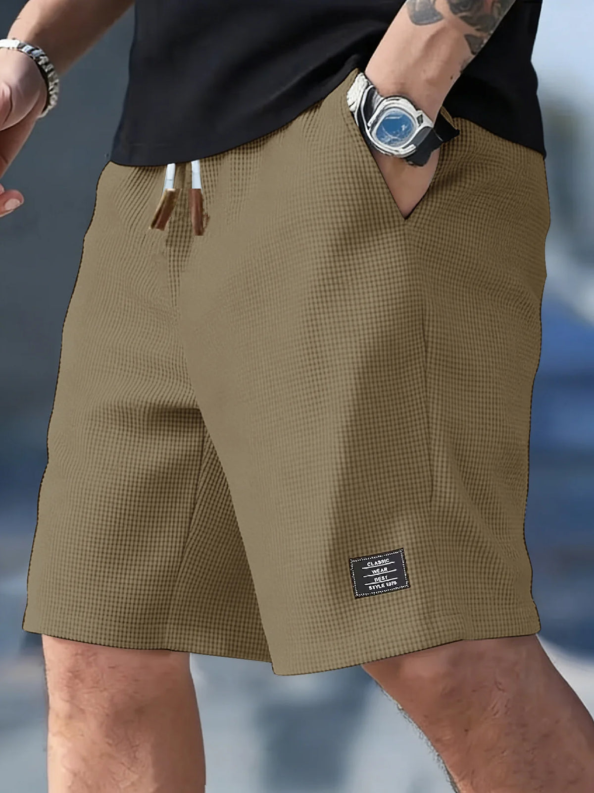 2026 Summer Men's Waffle Texture Casual Sports Beach Shorts Quick Dry Trendy Breathable Bermuda Shorts Streetwear  ﻿