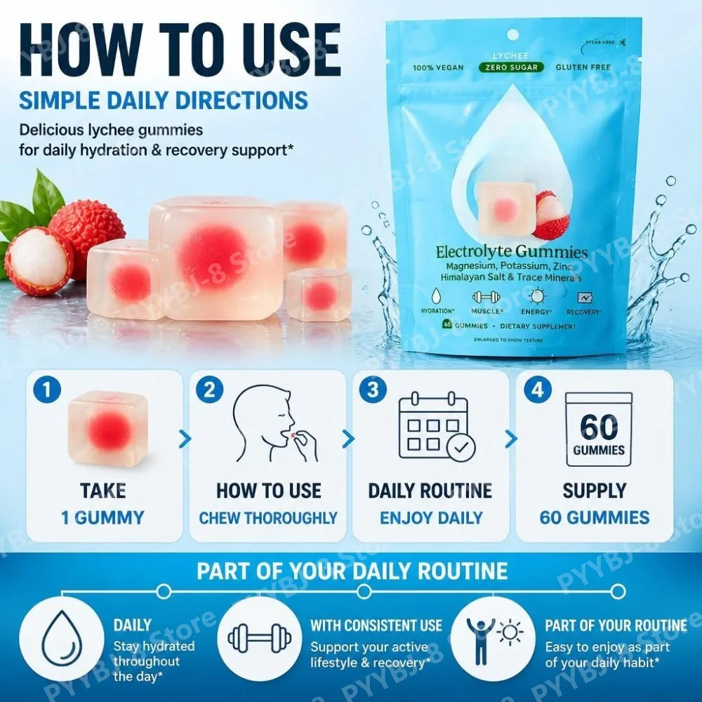 Electrolyte Gummies 100% Vegan, Zero Sugar, Gluten Free, with Magnesium Potassium Zinc and Vitamin C, 42 Gummies