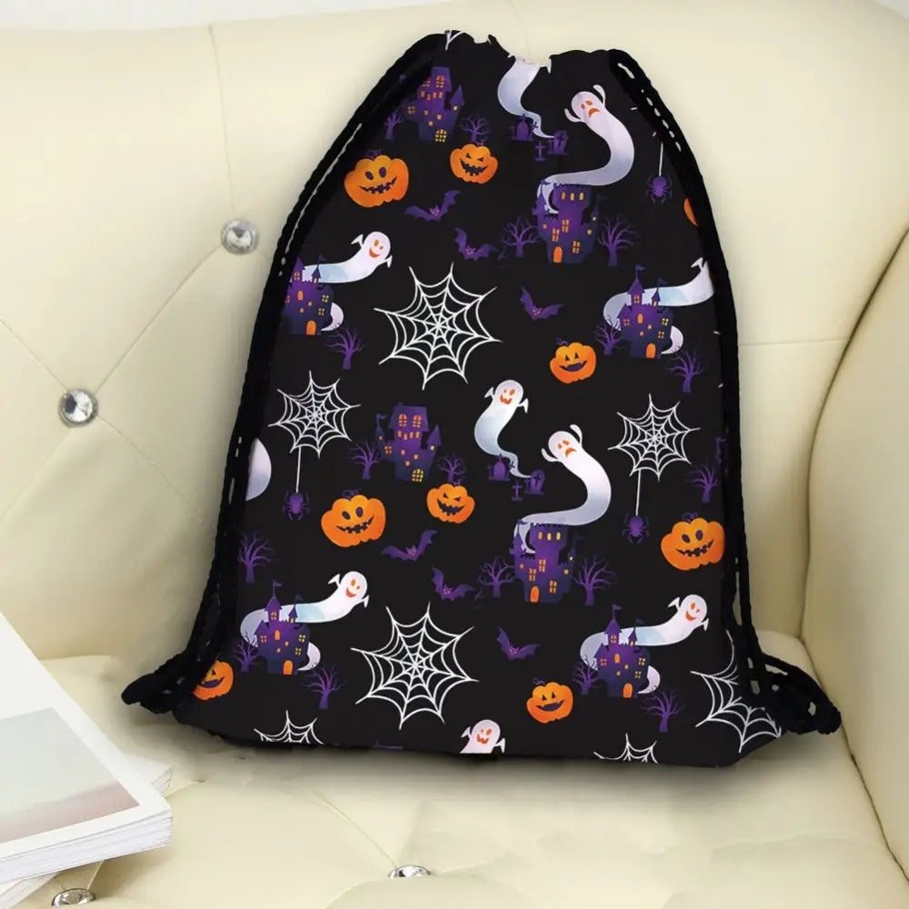 Practical Creative Drawstring Bag Portable Cartoon Pumpkin Halloween Backpacks Polyester Foldable Sports Gym Sack Travel Storage