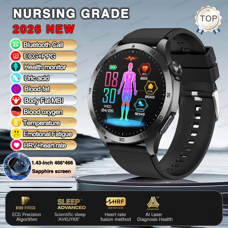 2026 New ECG+PPG Smart Watch Men Treatment Blood Pressure Uric acid Lipids Smartwatch Bluetooth Call Body analysis Health Clock