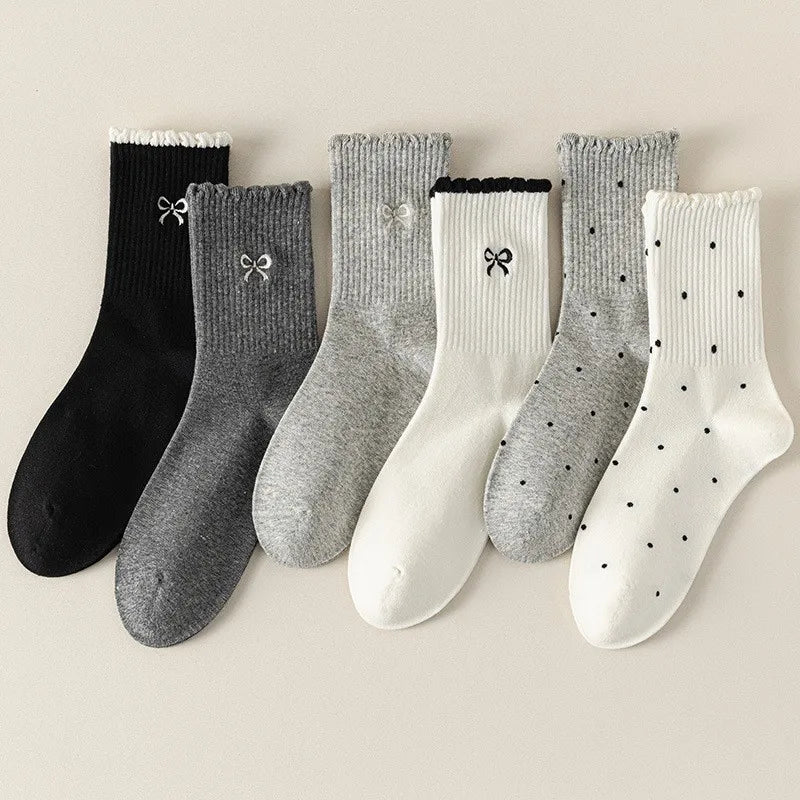 6 pairs of women's spring autumn mid-term socks with polka dot bows cute versatile simple comfortable casual socks