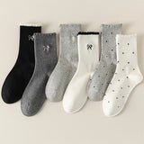 6 pairs of women's spring autumn mid-term socks with polka dot bows cute versatile simple comfortable casual socks