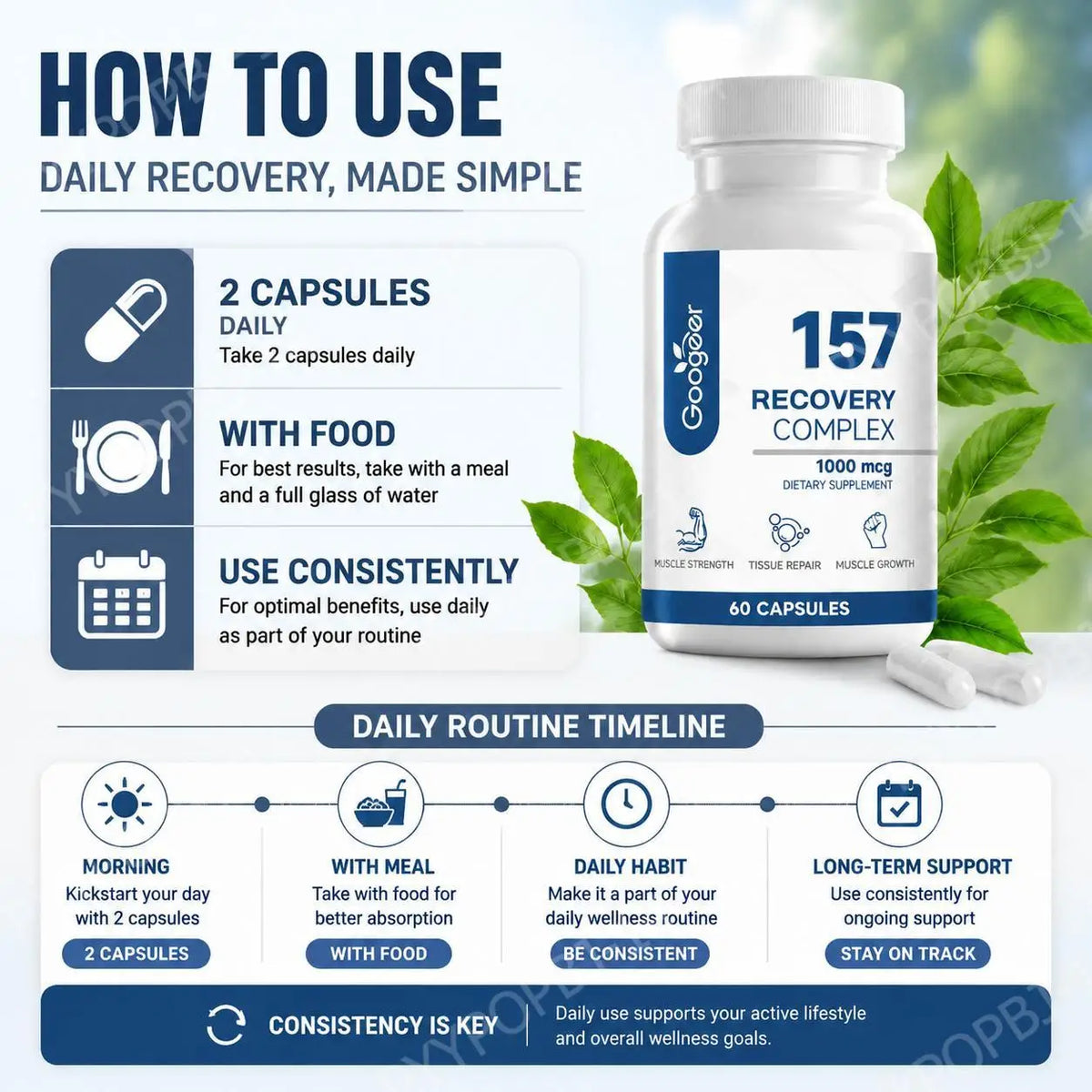 Googeer 157 Recovery Complex Capsules for Muscle Strength and Tissue Repair, L-Lysine Amino Acid Blend, Daily, 60 Capsules