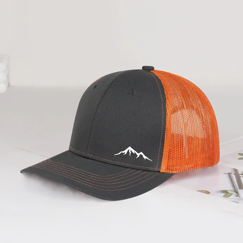 Minimalist Mountain Print Trucker Cap – Adjustable Unisex Camping and Travel Mesh Sun Hat for Hiking and Trekking