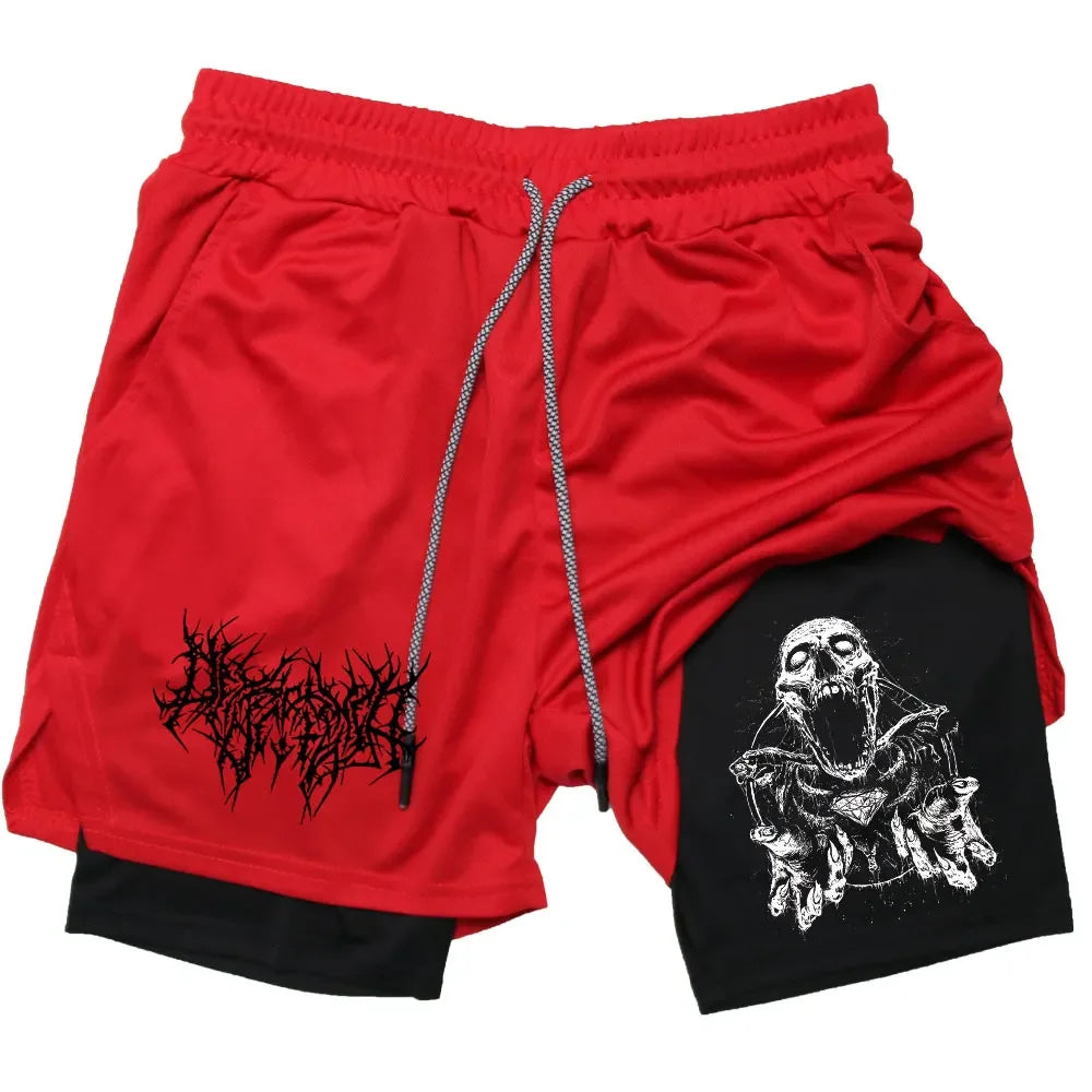 Y2K Performance Shorts Men Quick-drying Fitness Skull Print Double Layer Shorts Workout Training Running Bodybuilding Sportwear