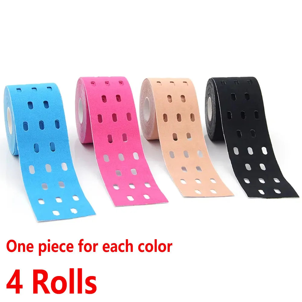 4 Rolls Perforated Kinesiology Tape for Sensitive Skin, More Breathable, Elastic Athletic Tape for Pain Relief & Muscle Support